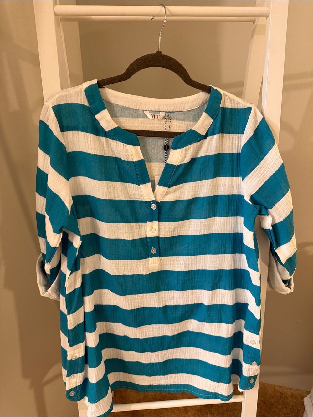 Kaktus Teal and White Striped Henley Tunic